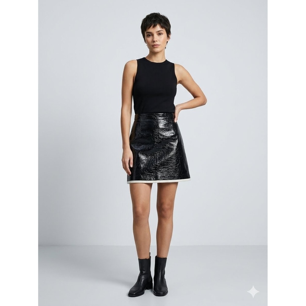 12 STOREEZ Black Crinkled Patent Leather Effect Mini Skirt White Trim Size L